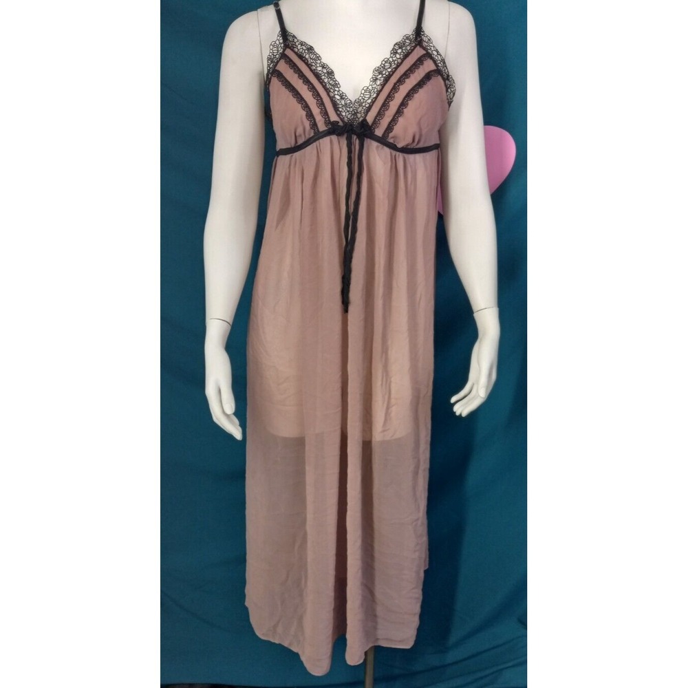 Linea Donatella sheer lace nightgown sweetheart adjustable straps sand/tan med